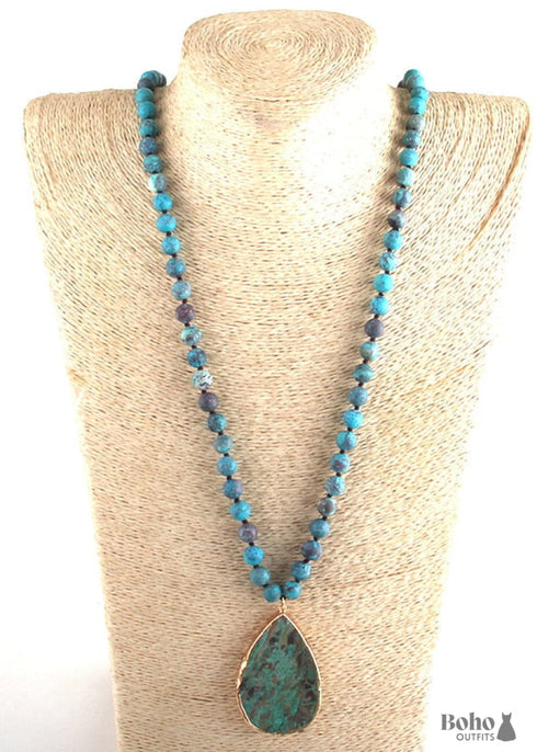 Boho Necklace, RH India Agated Blue and Green Natural Stone